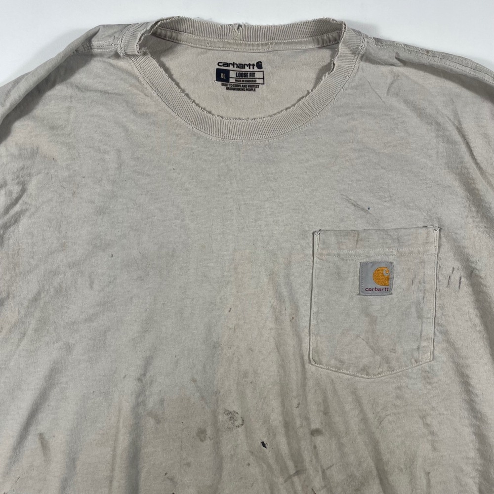 Carhartt Long Sleeve Pocket T-Shirt Mens XL Loose Fit Distressed Tan Graphic
